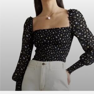 Reformation Black Posie Pinto Top Smocked Crop Long Sleeve Top Floral
